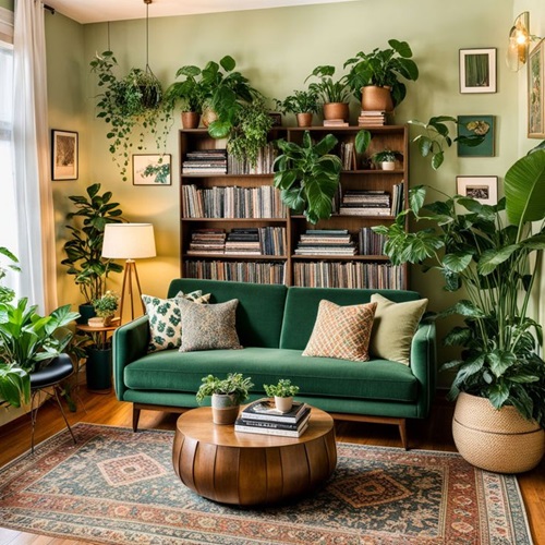 Green sofa in living room filled with plants