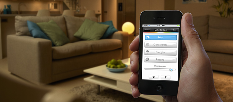 In lighting systems like Philips Hue, the light bulb itself is smart. These bulbs talk to each other via the short-range, low-powered communication standard called ZigBee, allowing wireless control of a lighting system as big or as small as you want — up to 50 lights on one network, in most cases. Photo courtesy Philips Hue